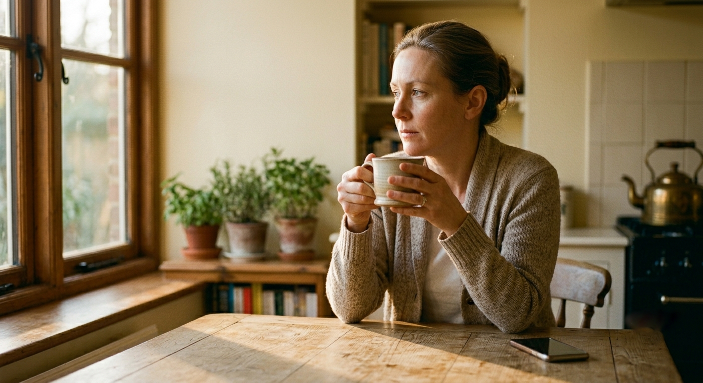 A woman quietly reflecting while holding a cup of tea — the quiet weight of long-distance caregiving