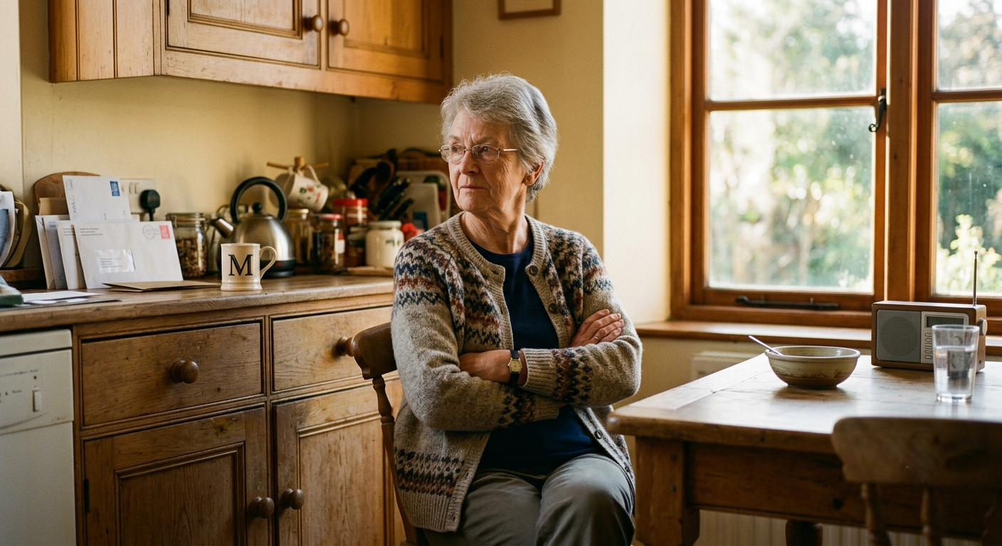 Elderly woman sitting alone at a kitchen table, arms crossed, looking away — an expression of proud self-reliance