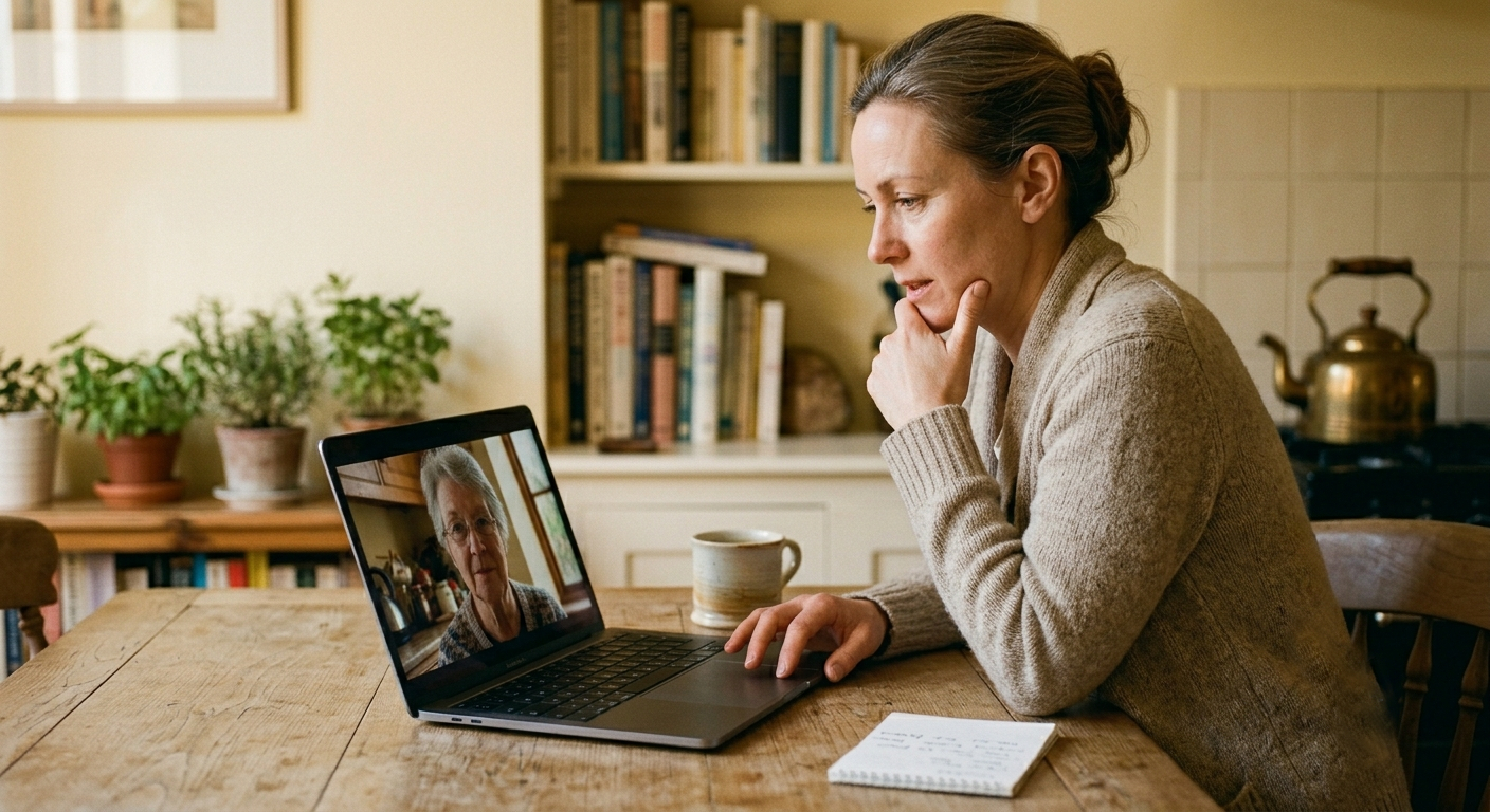 Adult daughter on a video call with her elderly mother, listening carefully with a look of gentle concern