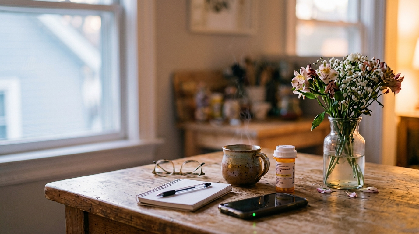 End of day kitchen counter with cold coffee, notebook, and dim phone light — the daily weight of caring for an aging parent