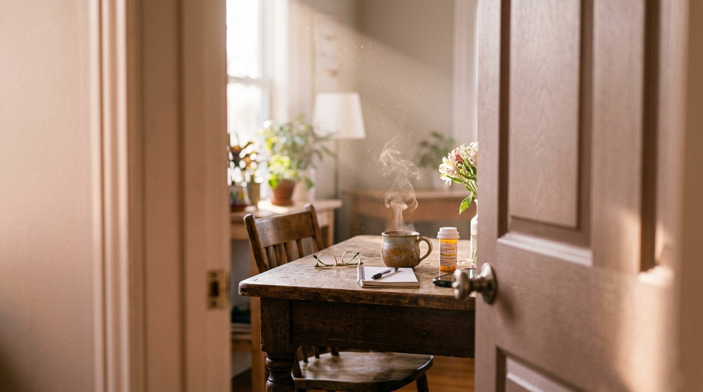 Partially open door to a quiet home office — the threshold between caregiving demands and a life that once belonged to you