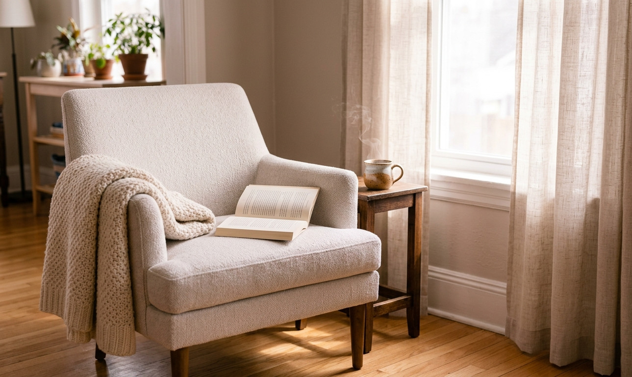 Armchair with soft blanket and steaming tea in late afternoon light — the small recoveries that make carrying on possible
