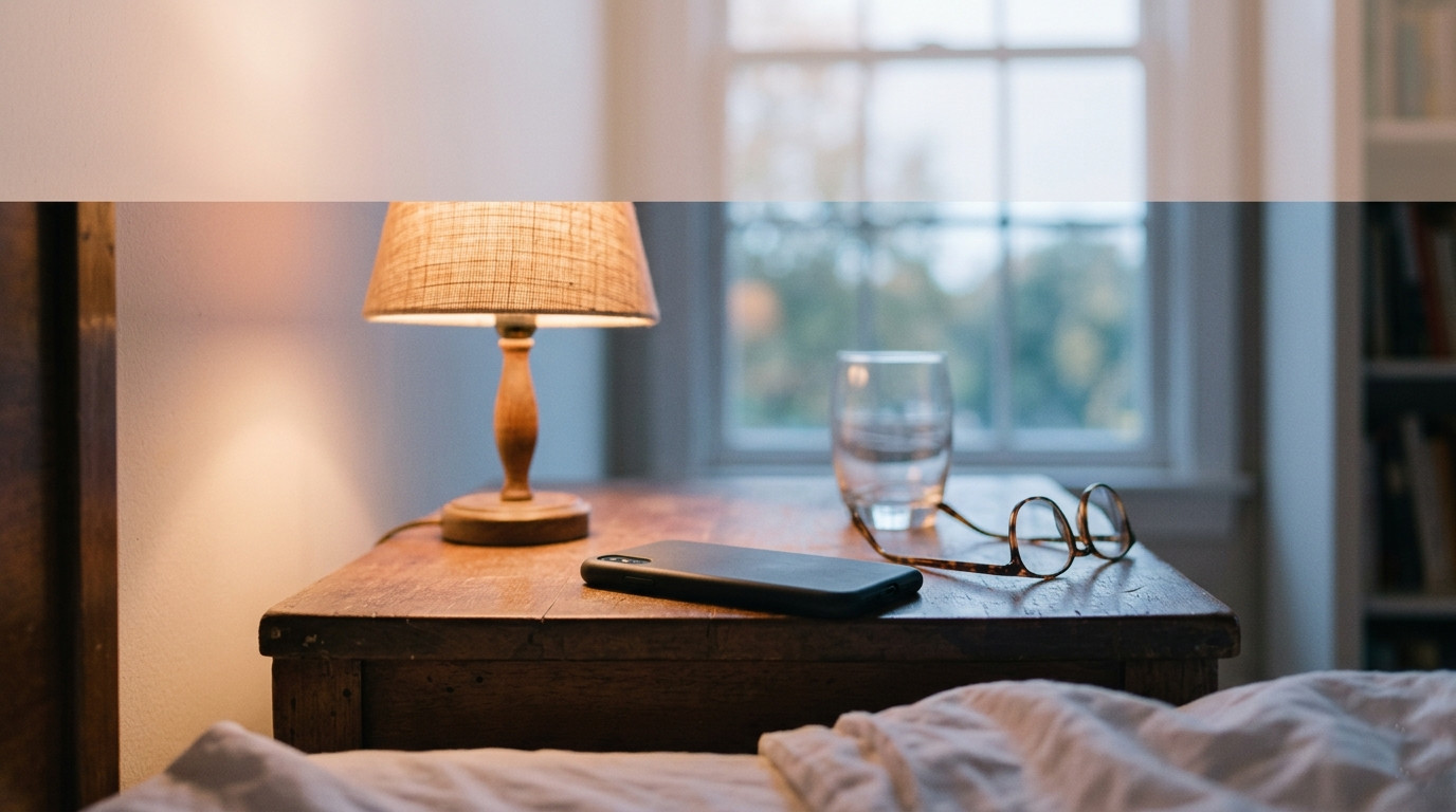Smartphone on nightstand at pre-dawn with soft lamp glow — the quiet hours of caregiver worry
