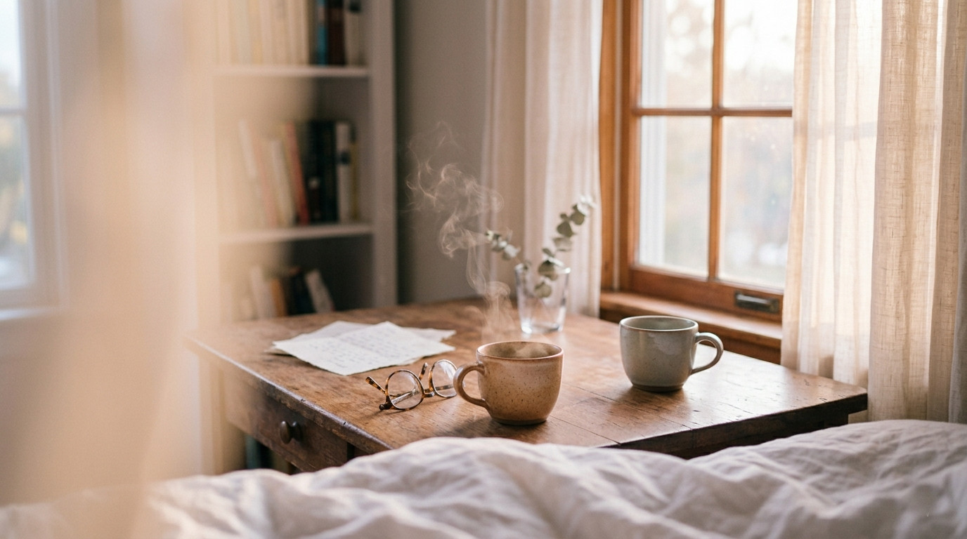 Two coffee cups on kitchen table by window, one untouched — the distance between adult children and aging parents