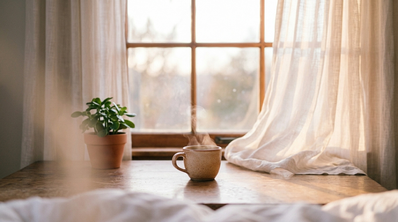 Late afternoon golden light through window with steaming tea — the moment of relief and pause
